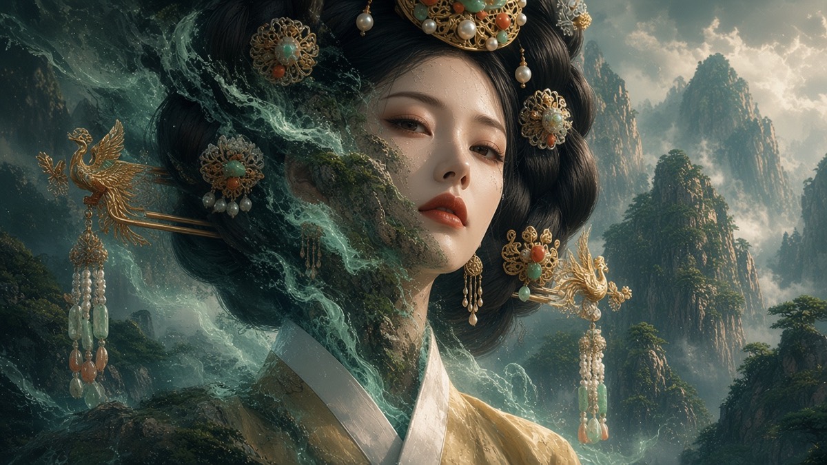 Right View’s face emerging from jade-mist rock, becoming a lady