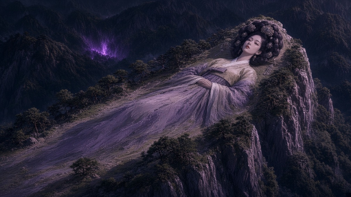 Korean ridge as a recumbent woman in jade-mist stone — the mountain before a face