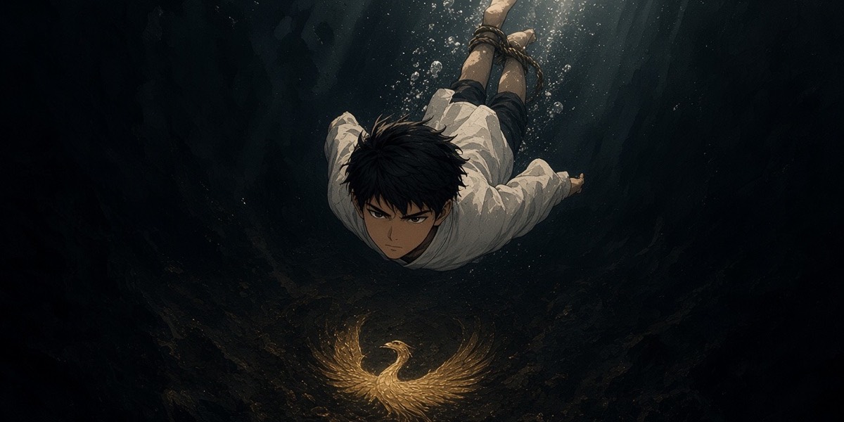 Underwater, looking down past the diving boy's feet: far below in the black, a curve of gold catches the moon