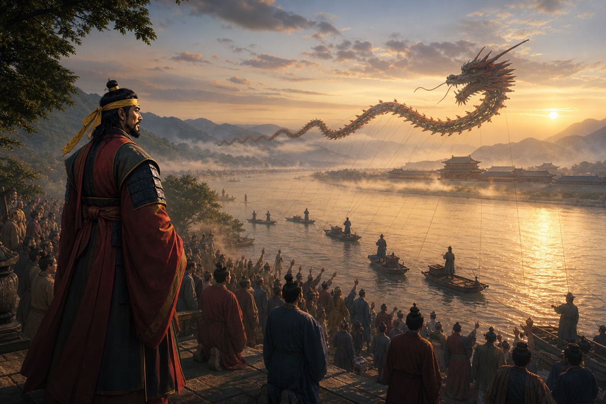A dragon of lacquered paper kites glides through low mist over the Sabi River as crowds point from the banks