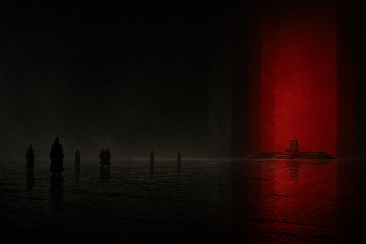 Fallen Sabi as a cavernous dark hall — one wine-red empty throne plane, tiny court silhouettes on a wet black floor