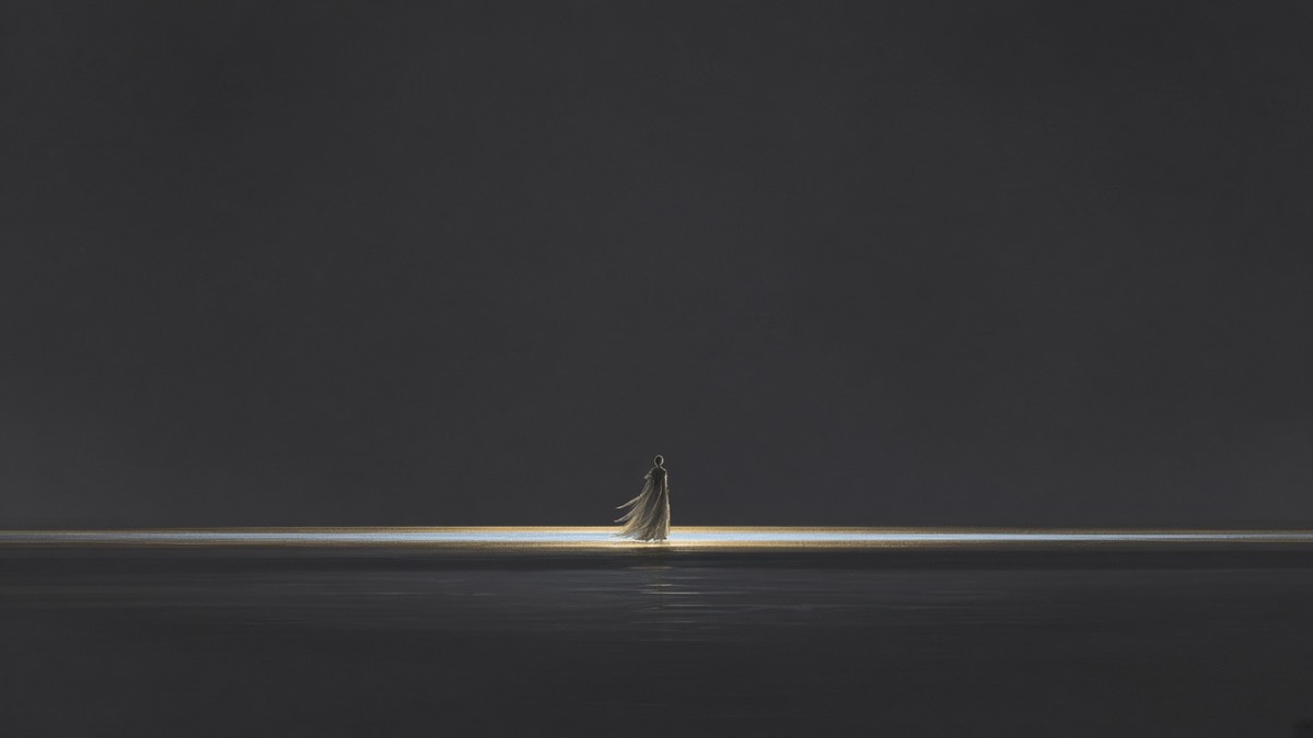 Sabi at the coup hour: one thin gold dawn-slit across a charcoal river-plane, one tiny hanbok silhouette