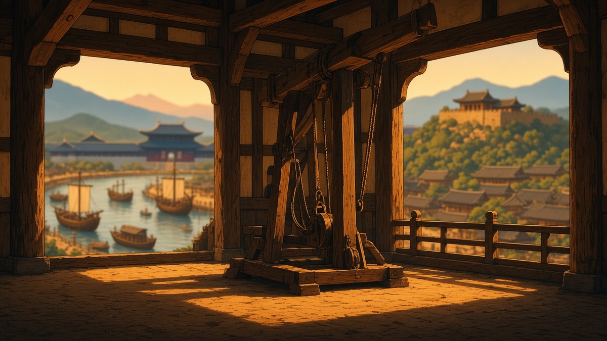Dutch gallery in Sabi palace; Geum trading port and masts through the doors in bokeh