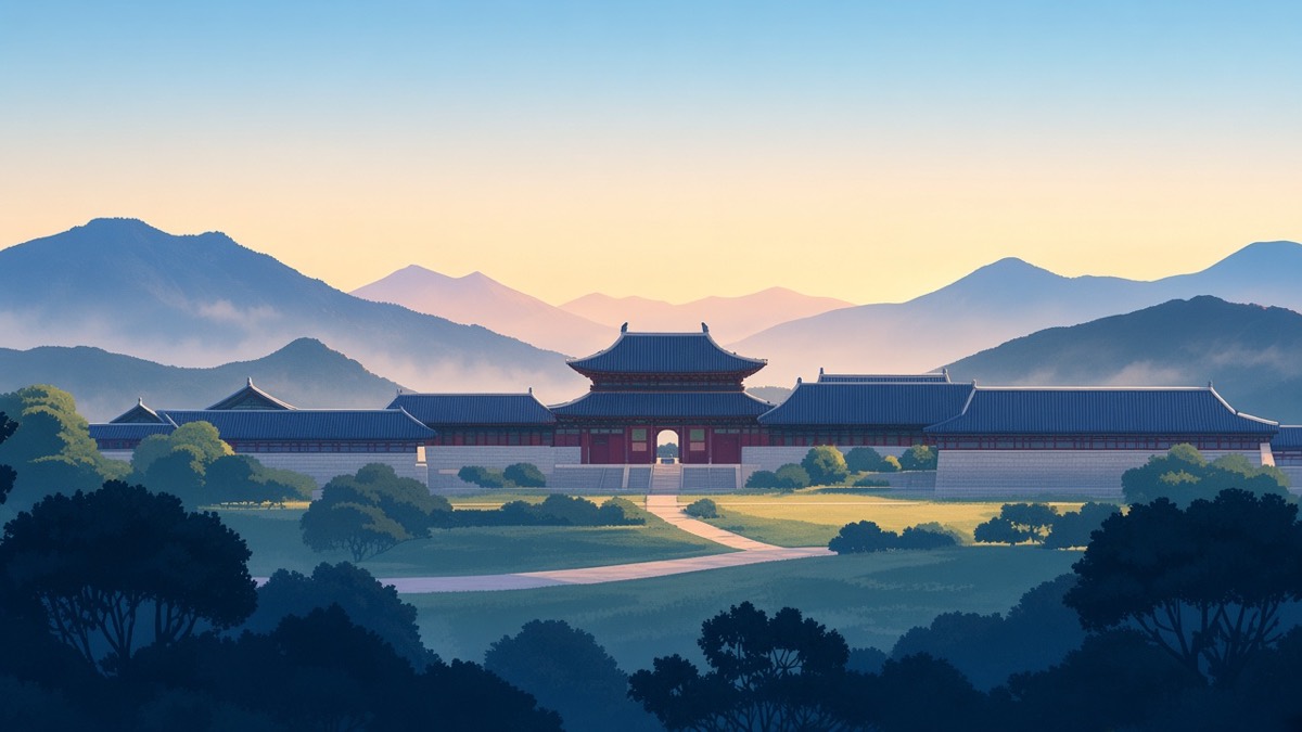 Wide Sabi: reddish munru on the long grey palace wall, green approach, misted mountains