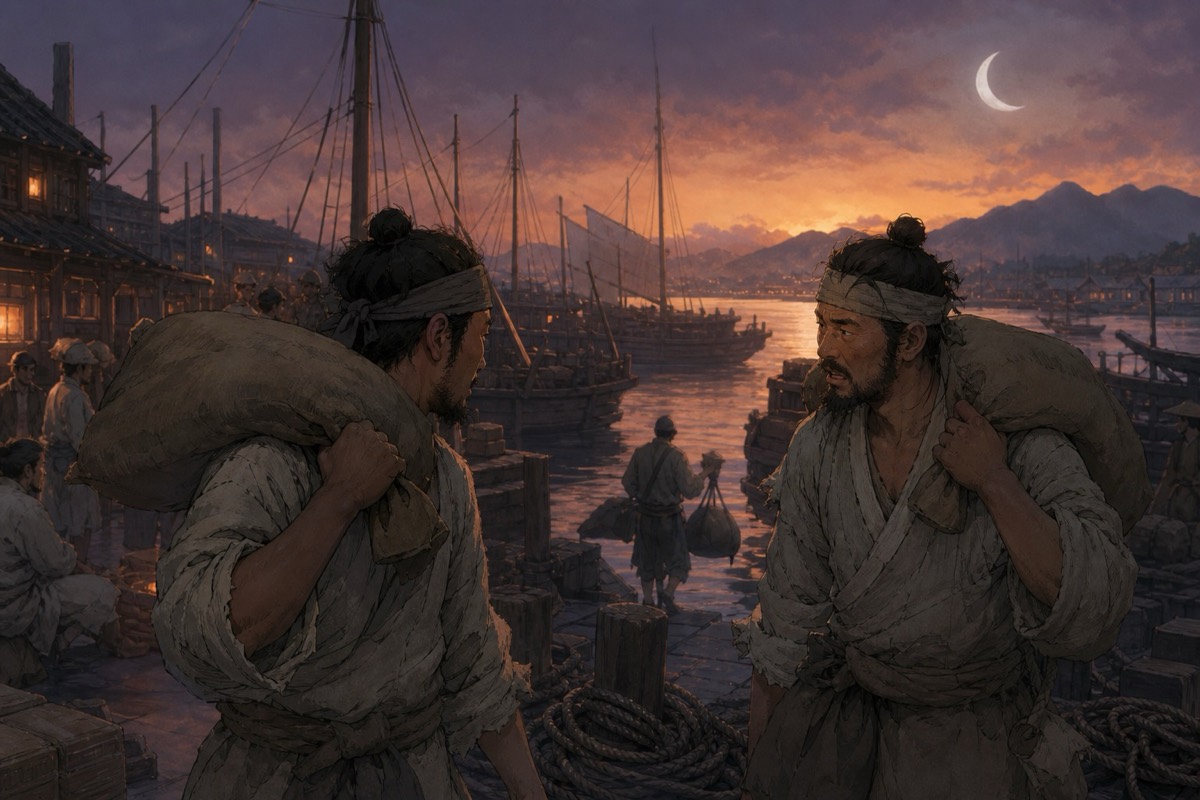 Sabi dock at twilight — labourers with sacks, crescent moon, the grudge that feeds wars