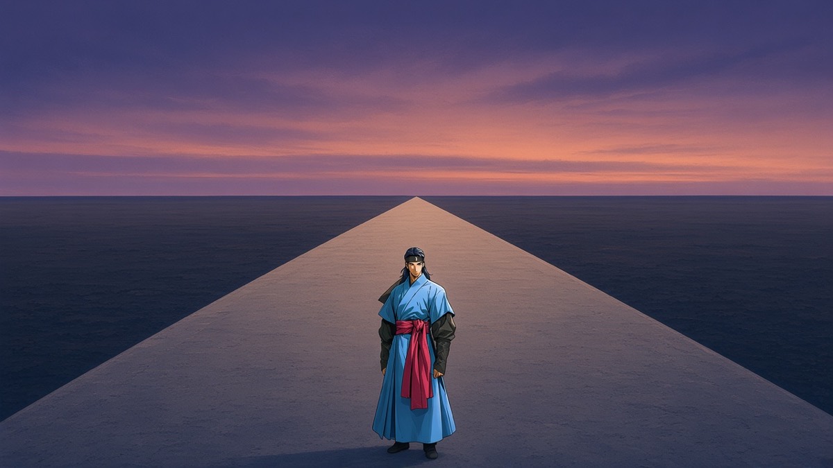 Tiny Sadaham on a vast empty Gaya road — ice-blue accent, monumental emptiness