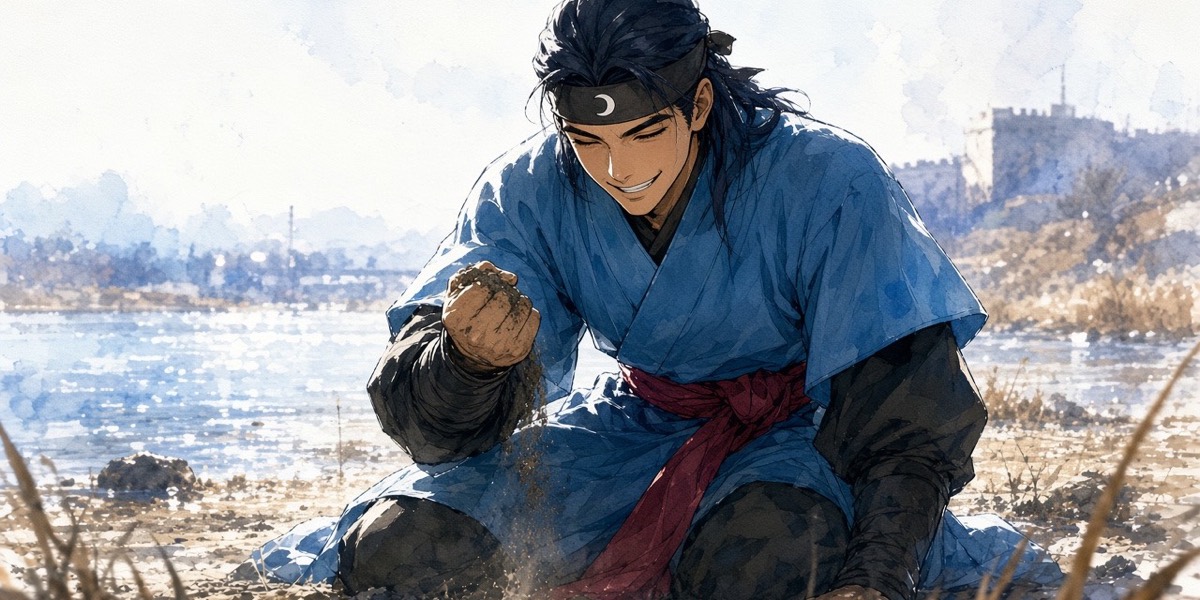 At dawn by the Alcheon, Sadaham kneels on barren riverbank and lets a handful of dirt run through his fingers