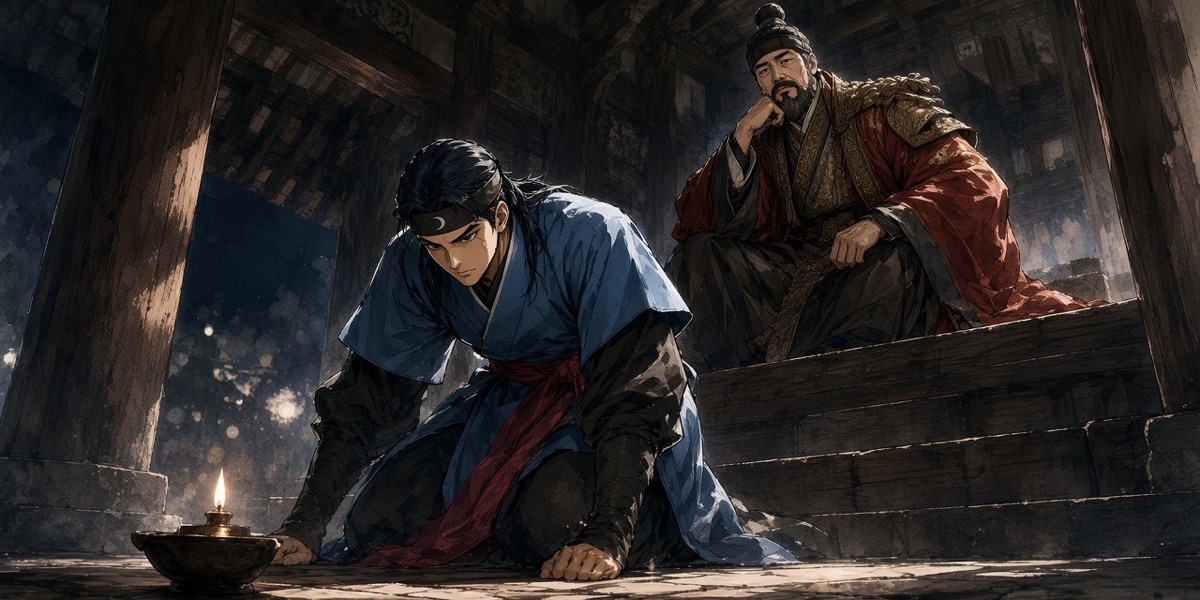 Fifteen-year-old Sadaham kneels on the stone floor of Jinheung’s hall at night, head up, asking to ride