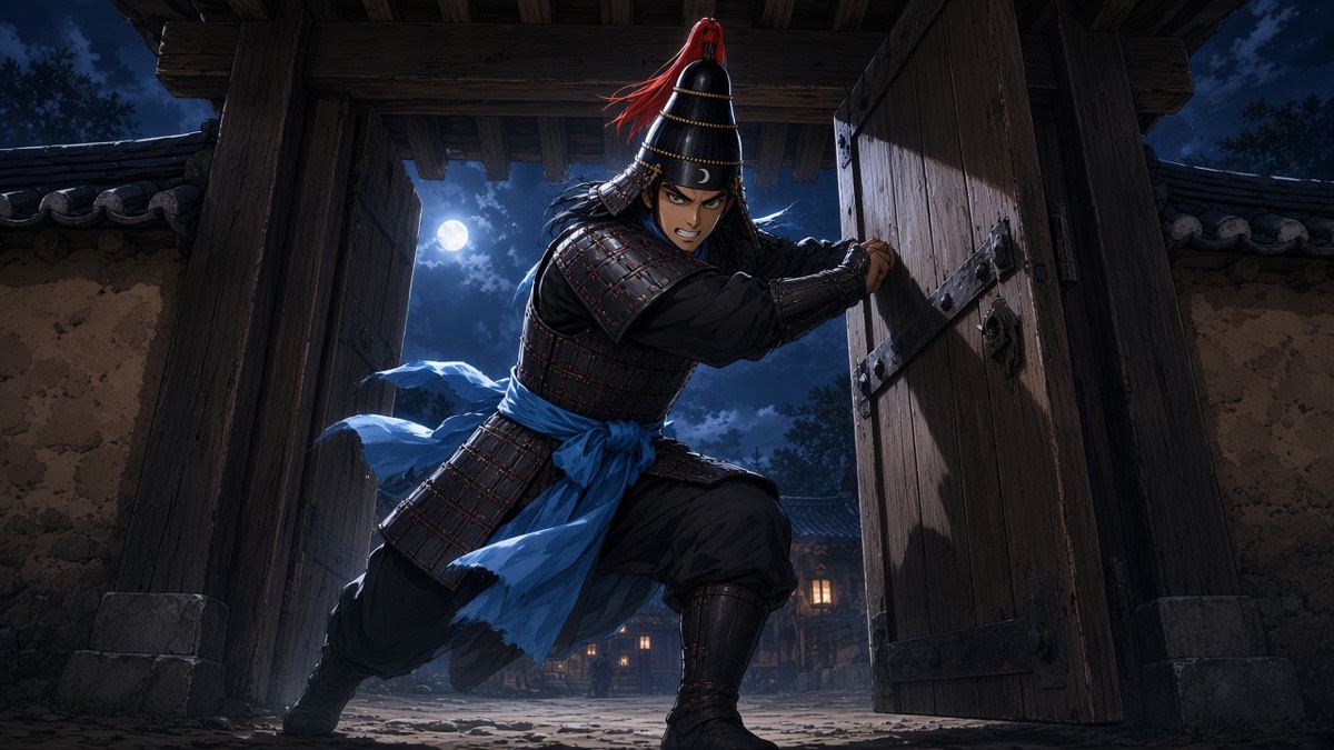Worm’s-eye night: Sadaham shoving Gaya timber seongmun, steel plates, ice-blue sash