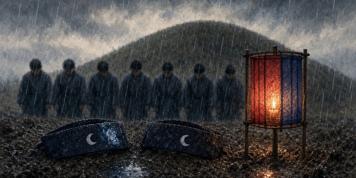 Two Hwarang headbands laid side by side on fresh earth at the foot of a burial mound in the rain