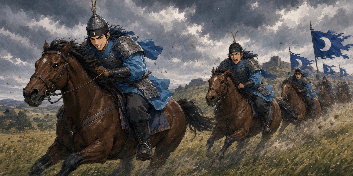 Before the charge, Sadaham grins back over his shoulder at Mugwan as their horses break into a run under a storm sky