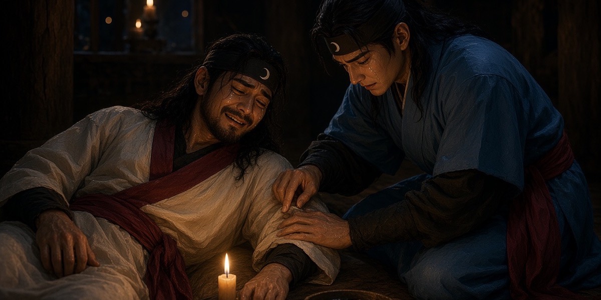 By one candle, Sadaham sits at Mugwan’s sickbed holding his wrist, counting the pulse