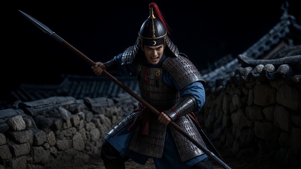 Dutch night charge: Sadaham in steel lamellar, ice-blue cloth peek, pointed Silla helm