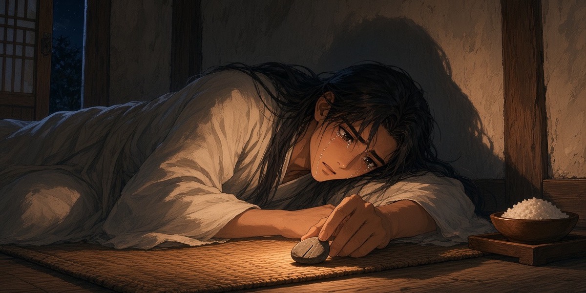 The seventh night: Sadaham, seventeen, lies on Mugwan’s side of the mat holding the little stone up to the lamp