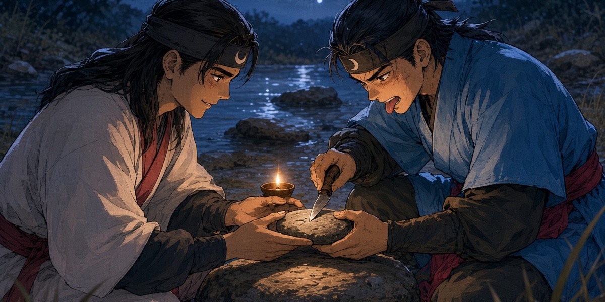 Blue hour on a river boulder: Sadaham scratches their vow into a small grey stone while Mugwan holds it steady by a clay lamp