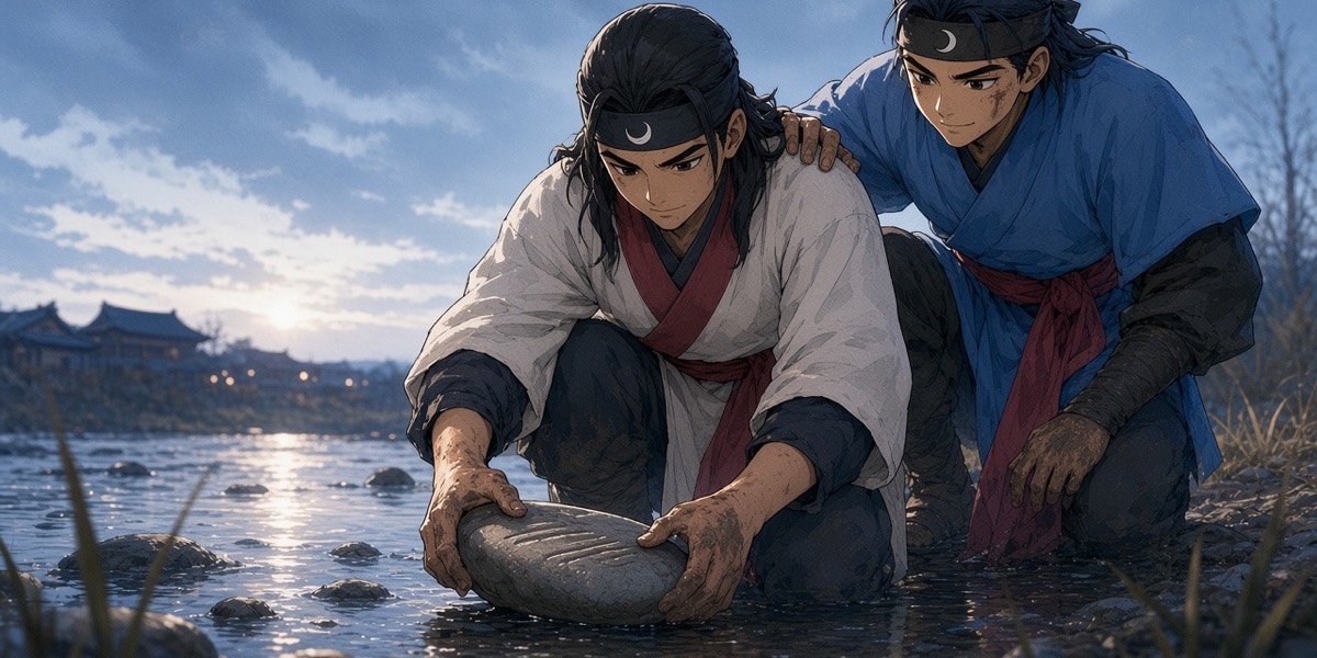 Dusk in the river shallows: Mugwan, thirteen, turns over a carved stone; Sadaham leans over his shoulder