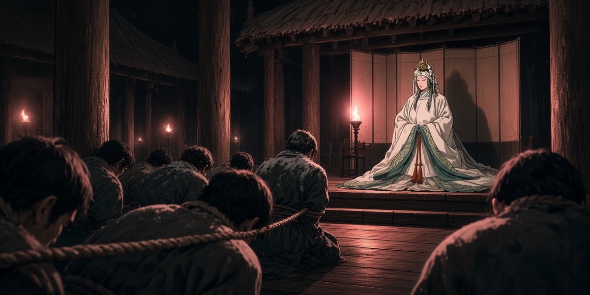 In the Asuka hall a hundred Tang prisoners kneel roped neck to neck before the old empress on her dais