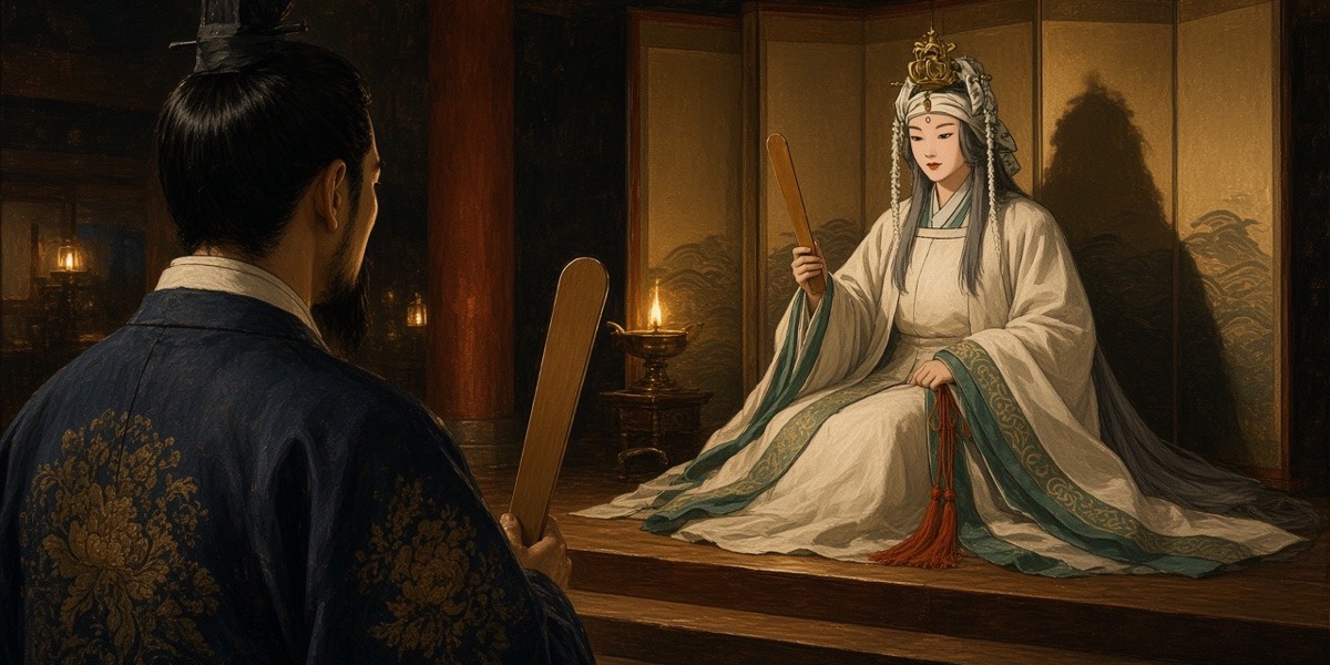 Over the eastern prince’s shoulder, the old empress lifts one hand from her knee and decides