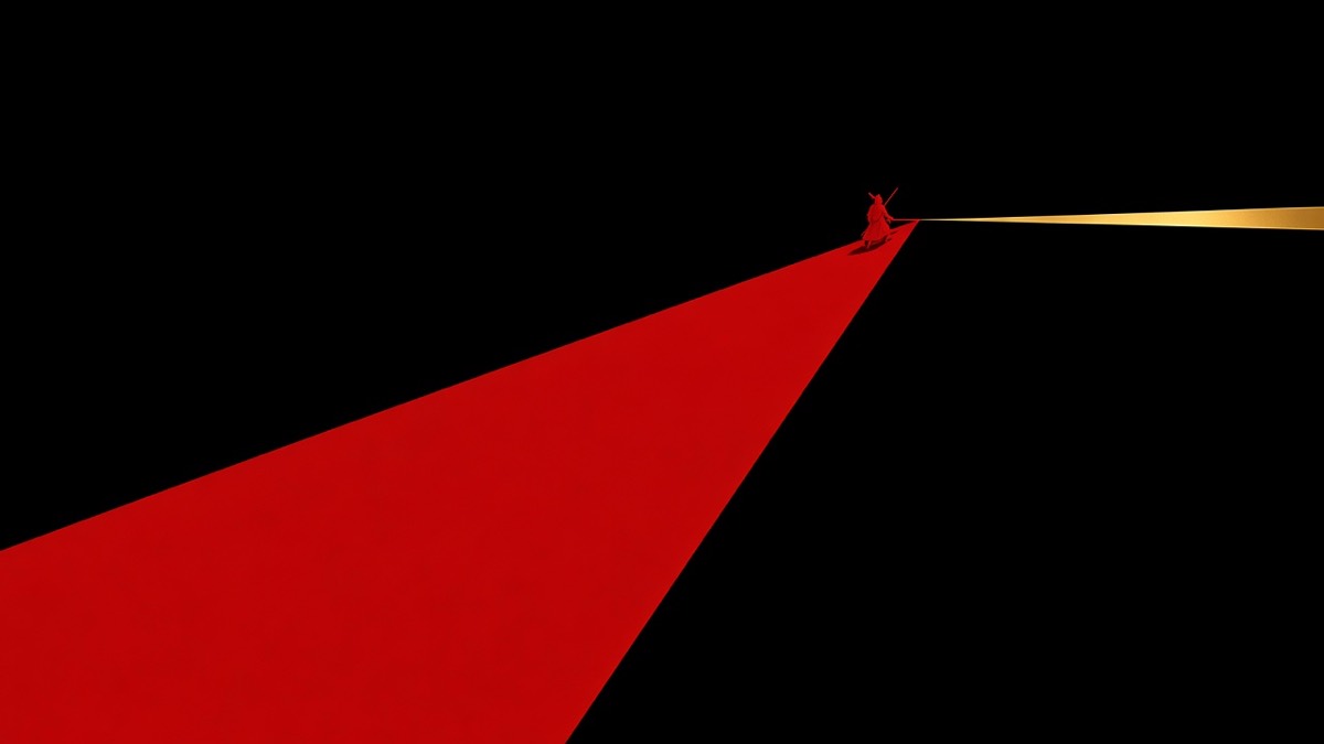 One hard red cavalry-wedge plane driving into a thin gold Sui ribbon on black water — Ulchi Munduk a tiny figure at the tip