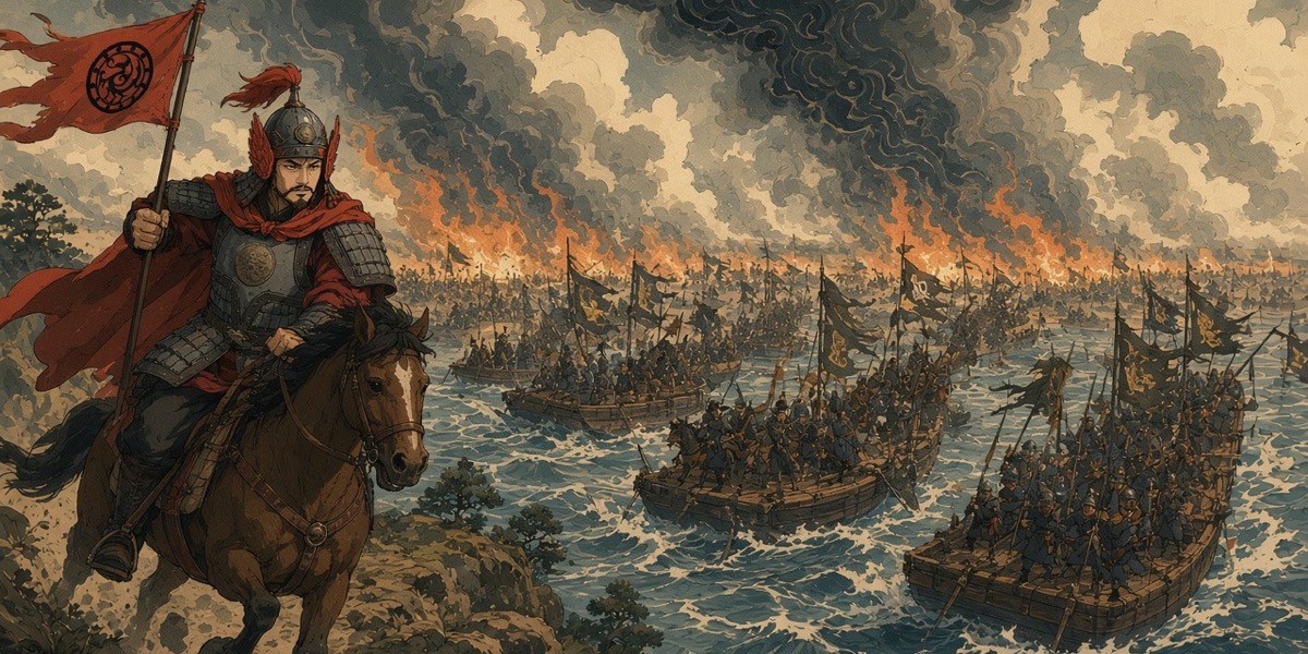 The endless Sui host crosses the Liao on pontoon bridges while Ulchi Munduk watches from a ridge