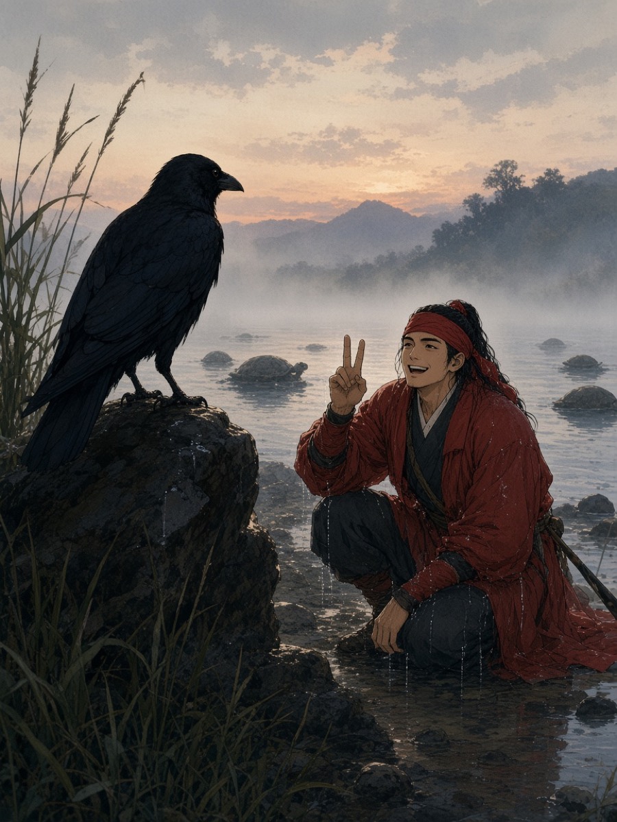 On the far bank a black crow watches from a wet rock as soaked Jumong laughs and counts its legs on his fingers — one, two