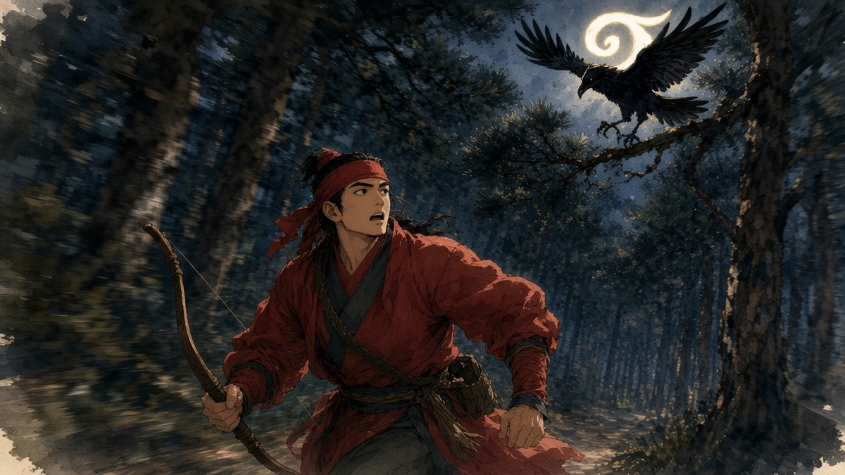 Jumong runs as a red streak through blurred night pines while a three-legged crow paces him from a branch above