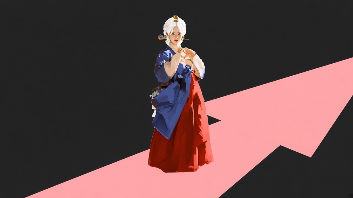 Samsin as a single life-cascade — white hair, blue-and-red hanbok, blush-pink plane