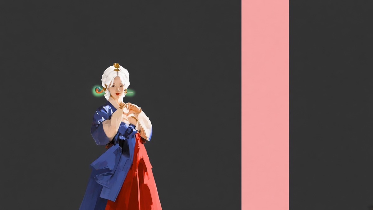 Samsin alone on a blush-pink plane — white hair, blue chima, red sash — one midwife, not three