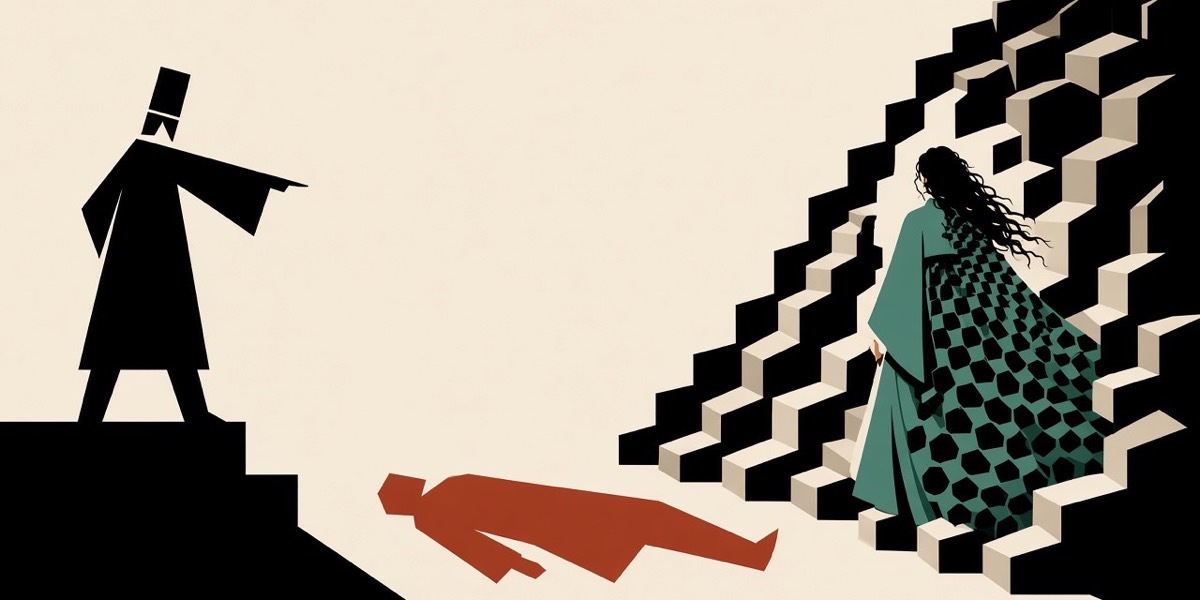 Vector: she walks back into the cliff; a fallen man and a faceless official far below