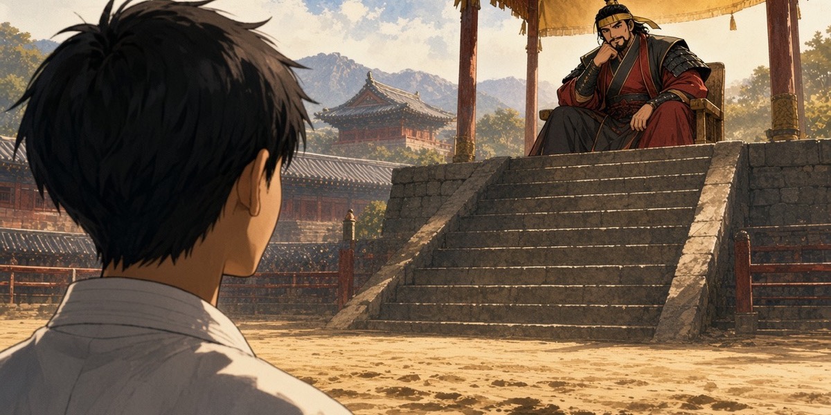 From the sand, the boy in white looks back and up at the royal seats, where the crown prince is already looking at him