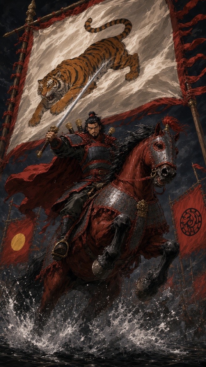Gesomun, rearing on Damul, cuts the White Tiger banner pole; the silk falls toward the river