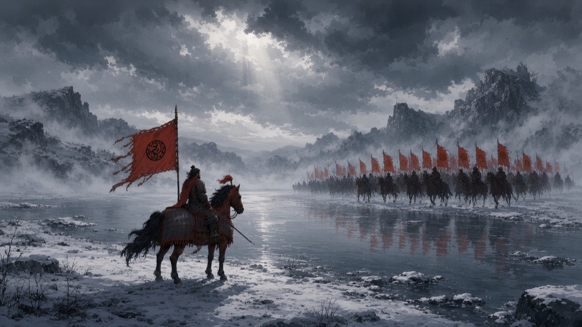 Iconic wide: Gesomun on Damul waiting in a vast pale winter river as the Tang host comes down to the far bank