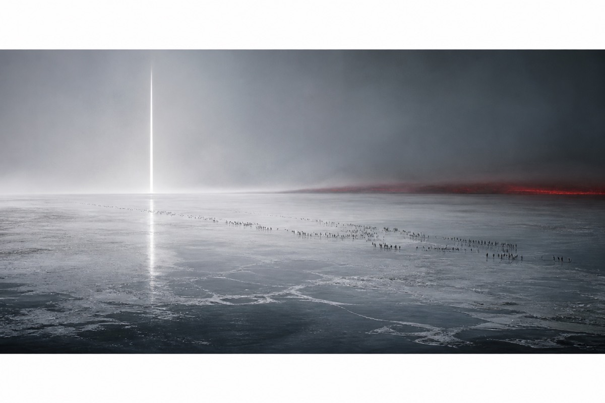 The Snake River as a silver-white plane swallowing the White Tiger host — one white banner drowning in haze