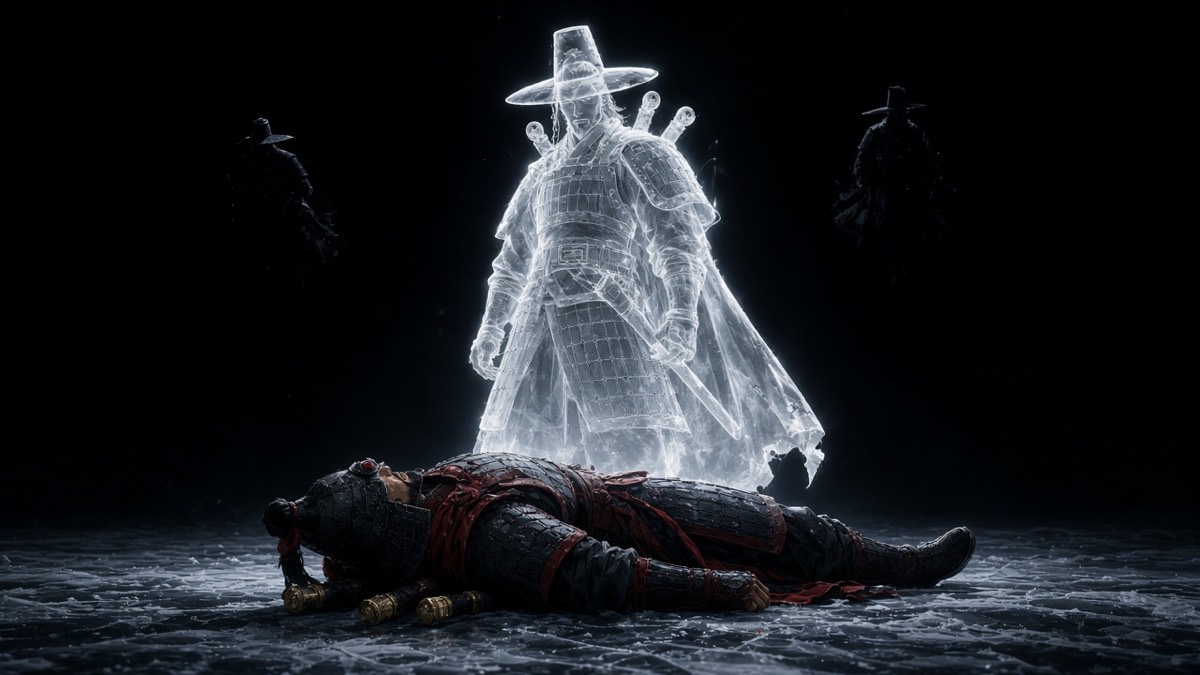Worm’s-eye: translucent white soul lifting off Yeon’s fallen armored body; two reapers in black air