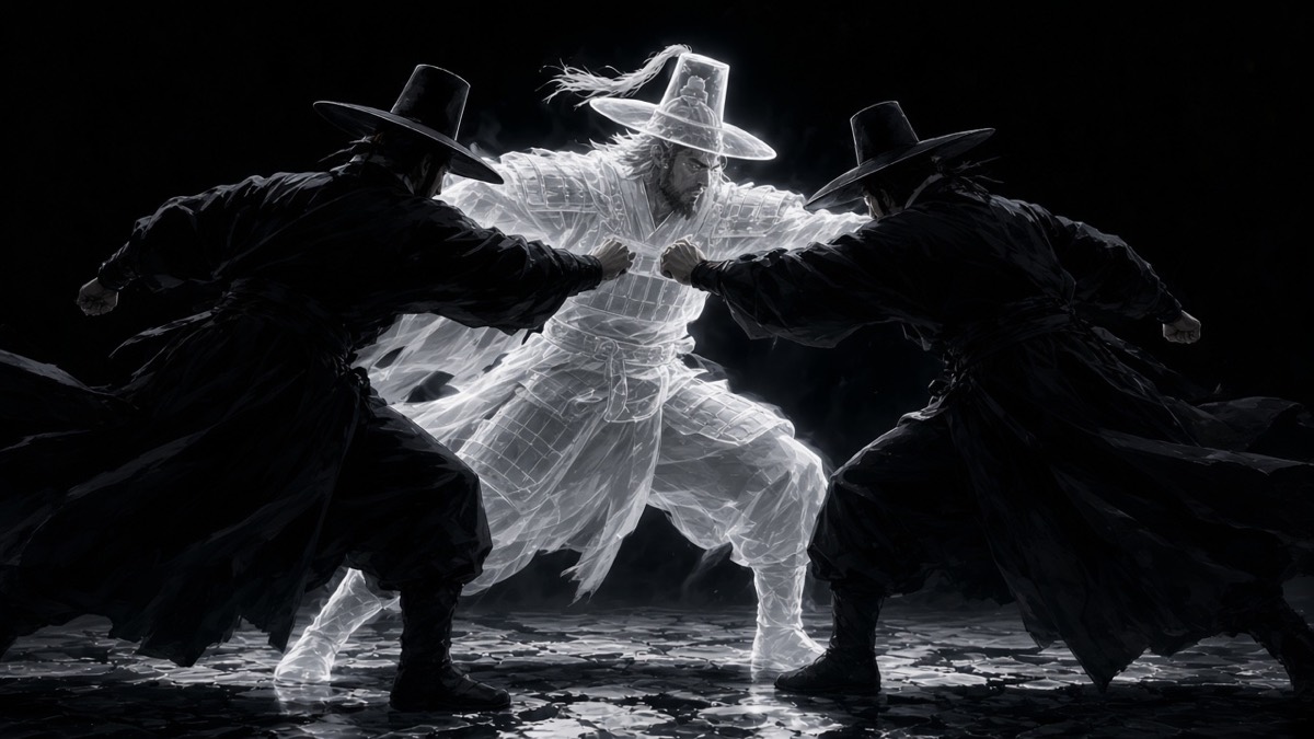 Dutch: white translucent soul grappling both reapers bare-handed on black ice