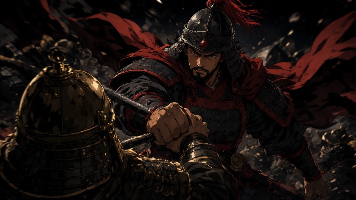 OTS: Yeon in red-wing helm staring, bare fist locking the Tang wrist mid-stab