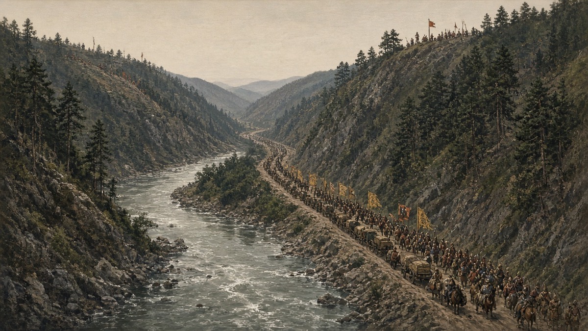 Snake River first bend: Tang host entering a winding valley river, Goguryeo waiting in the reeds