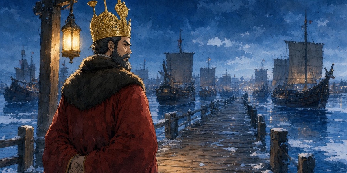 Elder Satek in his gilt crown at the end of a winter pier, the clan’s ships berthed in rows