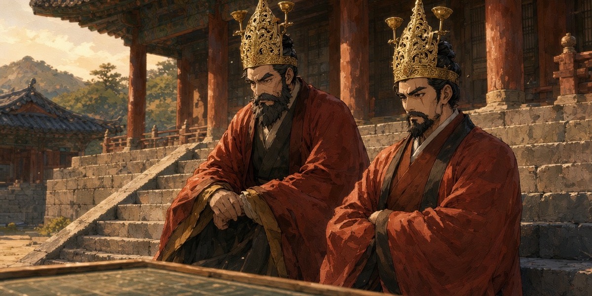 Elder Satek and Minister Satek in gilt noble crowns on the timber steps of the Sabi hall