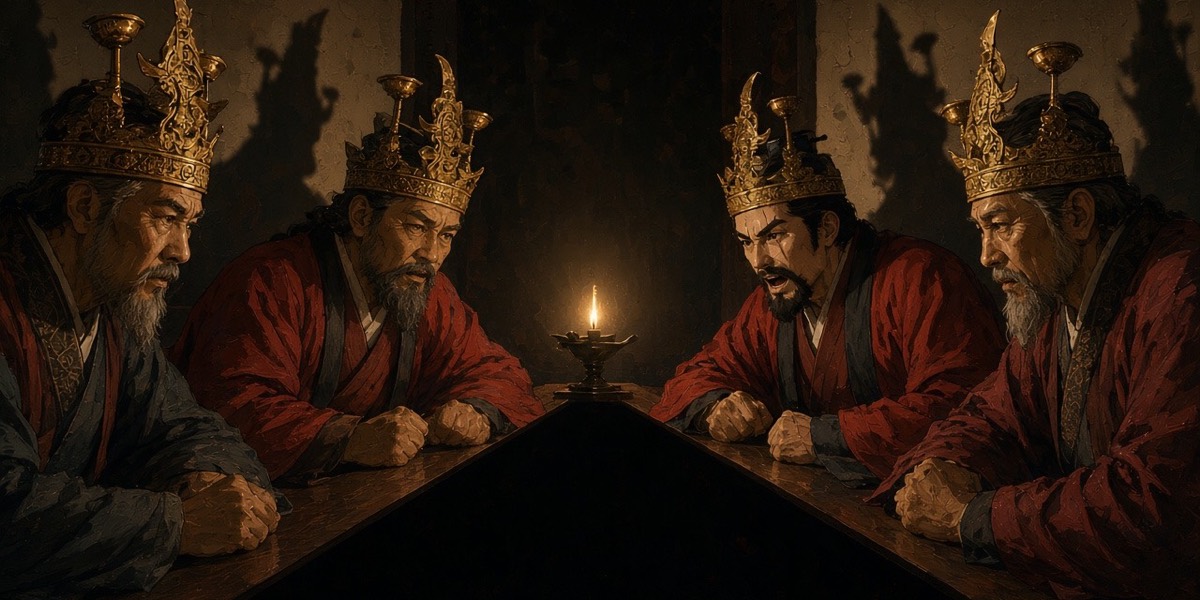 The Satek lords in their gilt crowns lean over one lamp to rally the clans