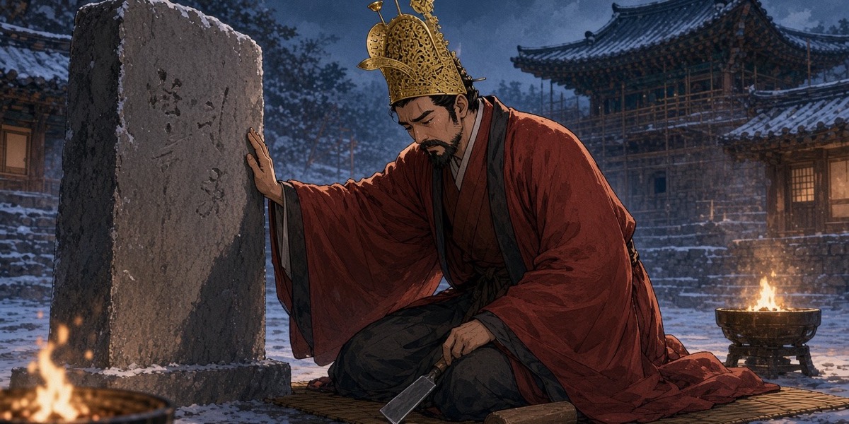 Old Satek Jijuk kneels before his newly cut stele, a palm flat on the stone.