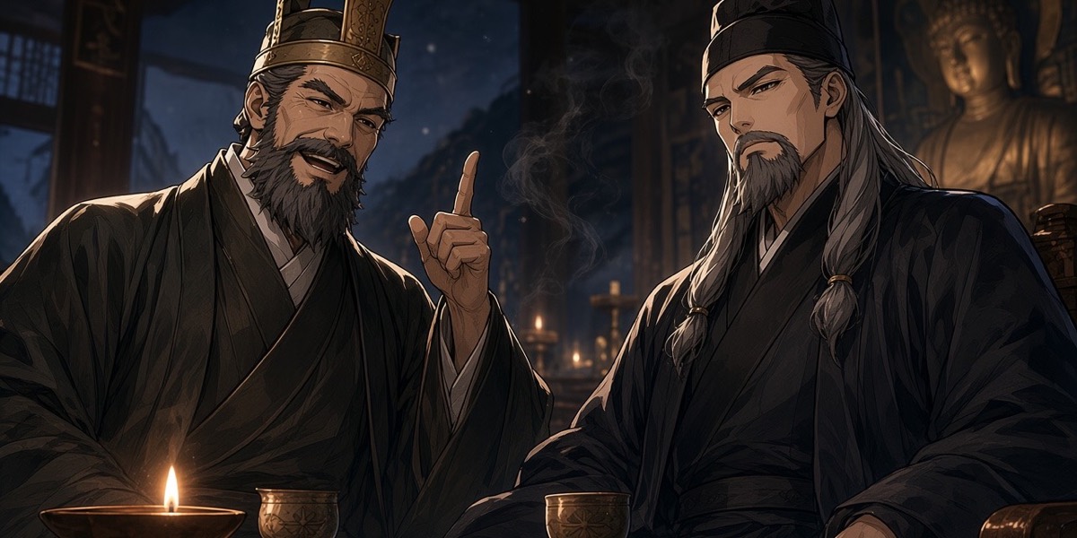Two deposed old lords at a monastery table at night, one mid-sentence, the other cutting him off.