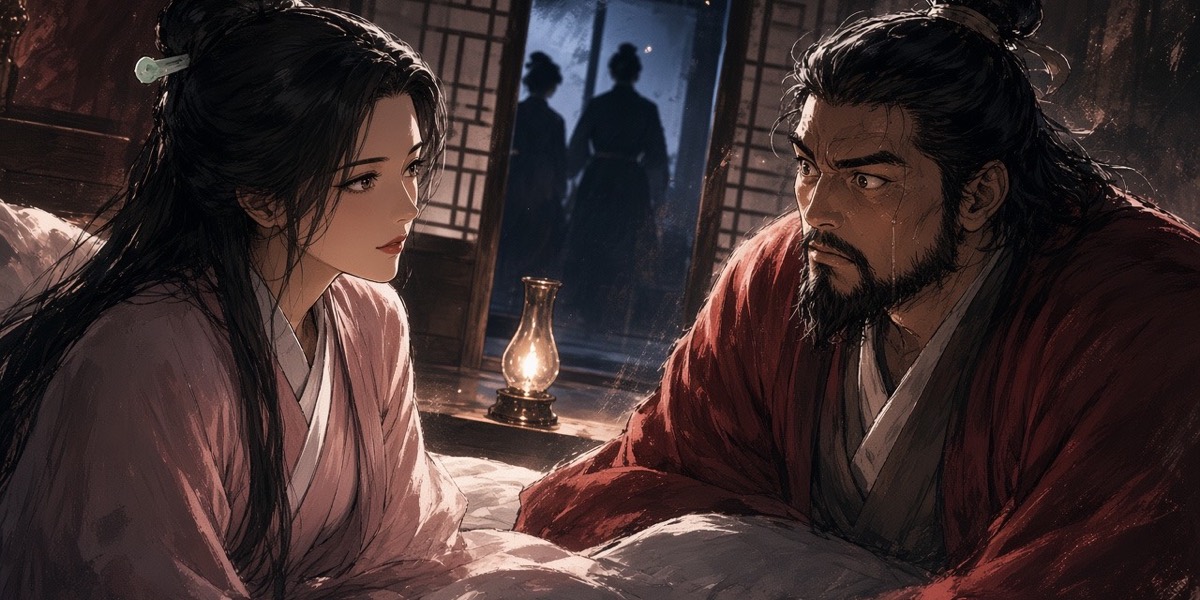 Night. The queen sits on the edge of the king's bed with a lamp, and the sweating king half-sits up to look at her.