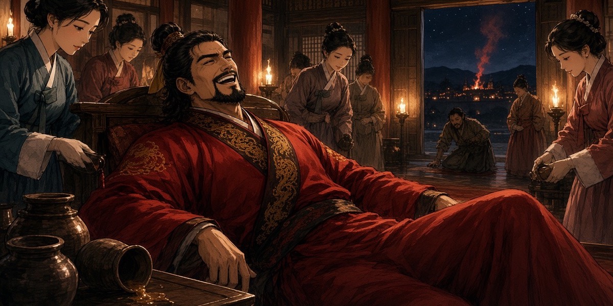 The banquet hall roars with lamps and maids around the laughing king; through the far door, a thin column of smoke on the horizon.