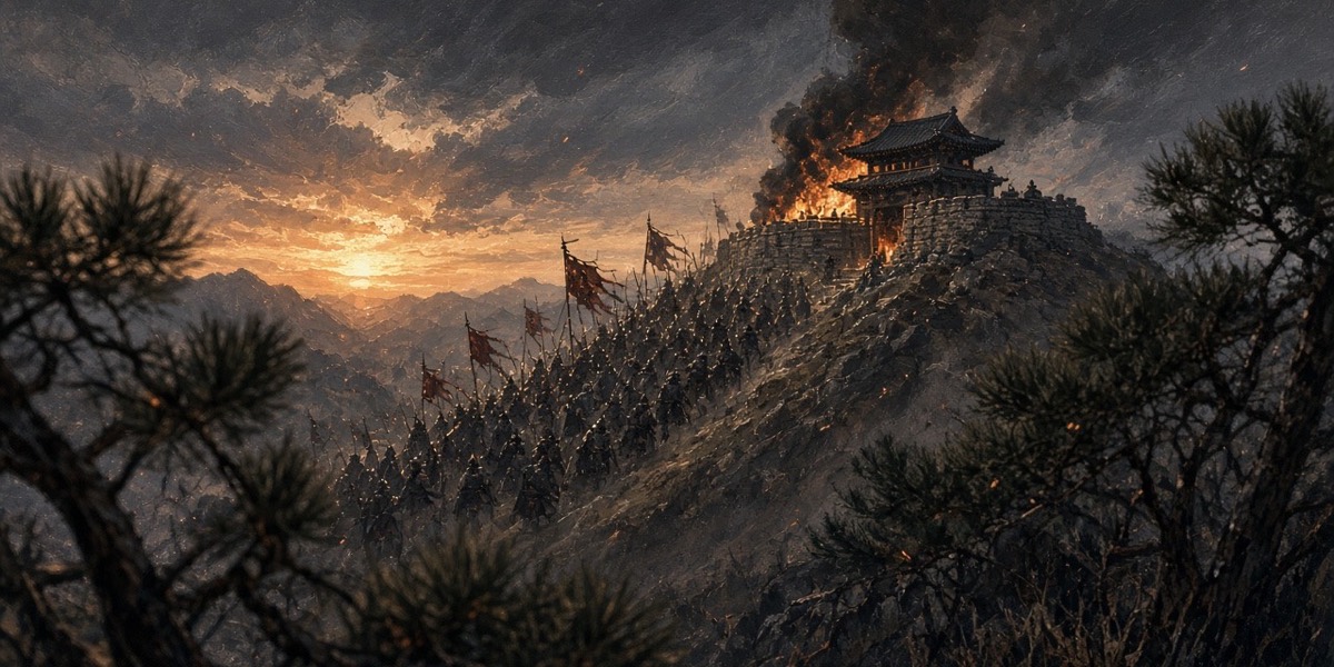 Dusk on the eastern frontier: a small Baekje hill fort burning on a ridge as Silla banners climb toward it.
