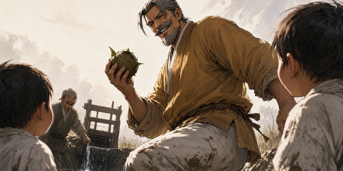The king eats a barley ball out of a leaf, standing in the ditch, while two village children watch him chew.
