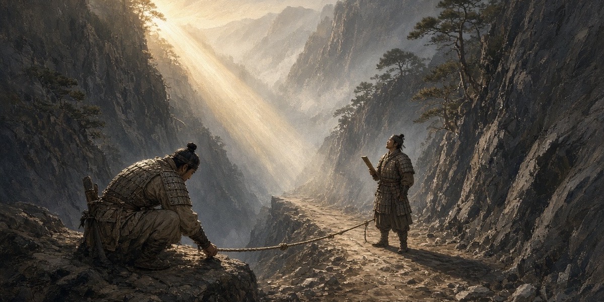 Two Silla scouts measure an empty mountain pass with a knotted rope at dawn.