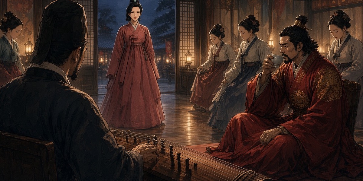 The queen stands in the doorway of the banquet hall; the musicians have stopped, the maids look down, the king looks up.