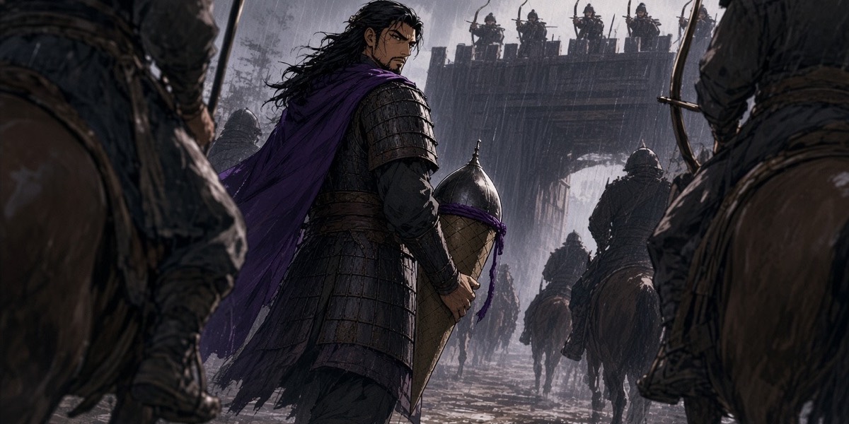 A Silla general walks up the gate road alone, his cone helm under his arm, every bow on the wall turning to him.