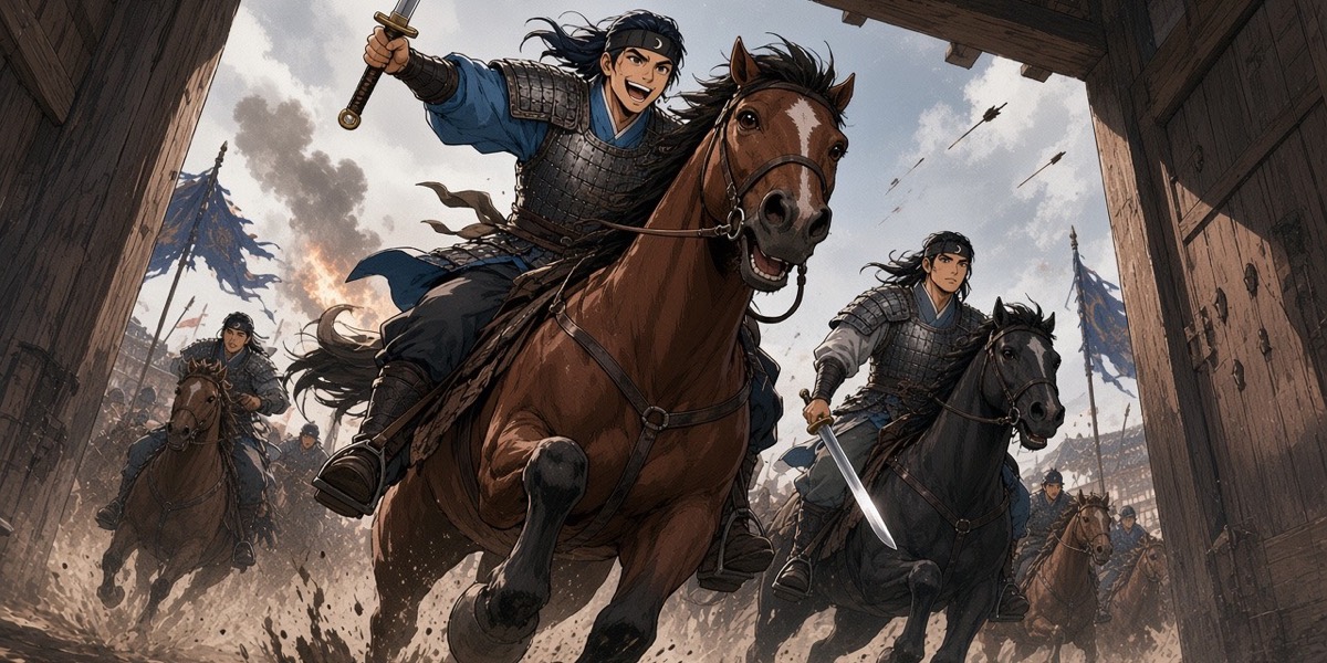Fifteen-year-old Sadaham leads the charge through the Jeondan Gate, laughing; Mugwan one horse behind.
